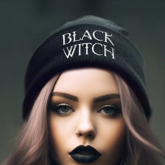 Black Witch Beanie Embroidered Knit Hat Goth Grunge Halloween - Picture 3 of 3